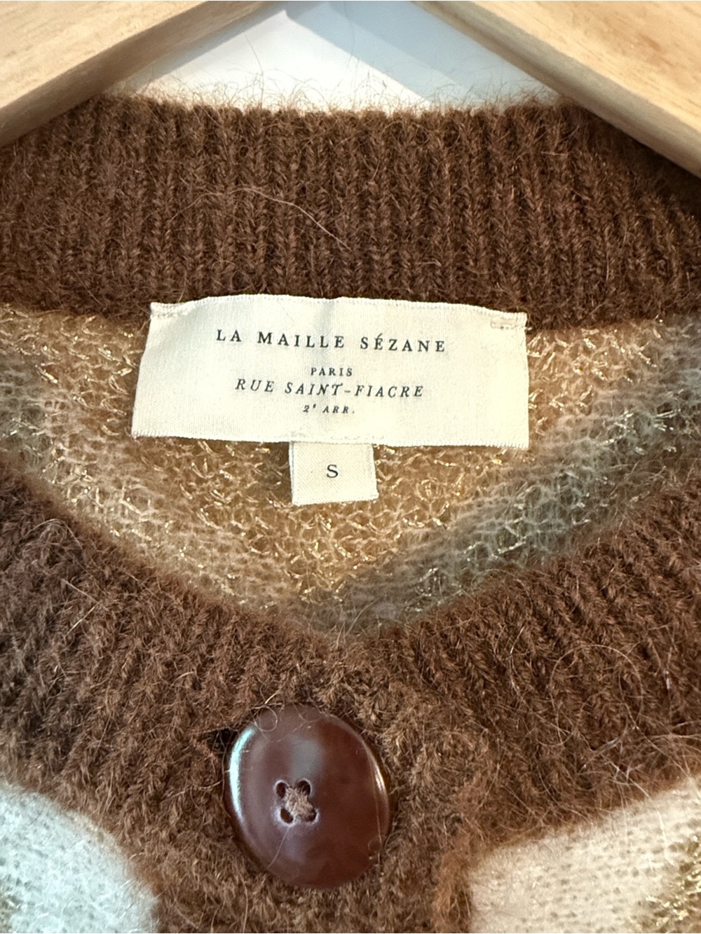 Sezane Brown and Cream Patterned Mohair Wool Blend Cardigan with Gold Metallic S - Picture 8 of 15
